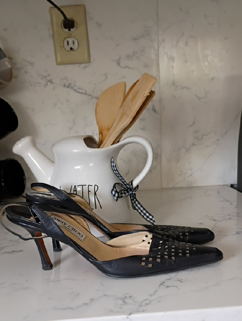 Jimmy Choo Black Slingback Pointed-Toe Woven Detail Heels